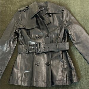 Bebe Black Double-Breasted Leather Trench Coat